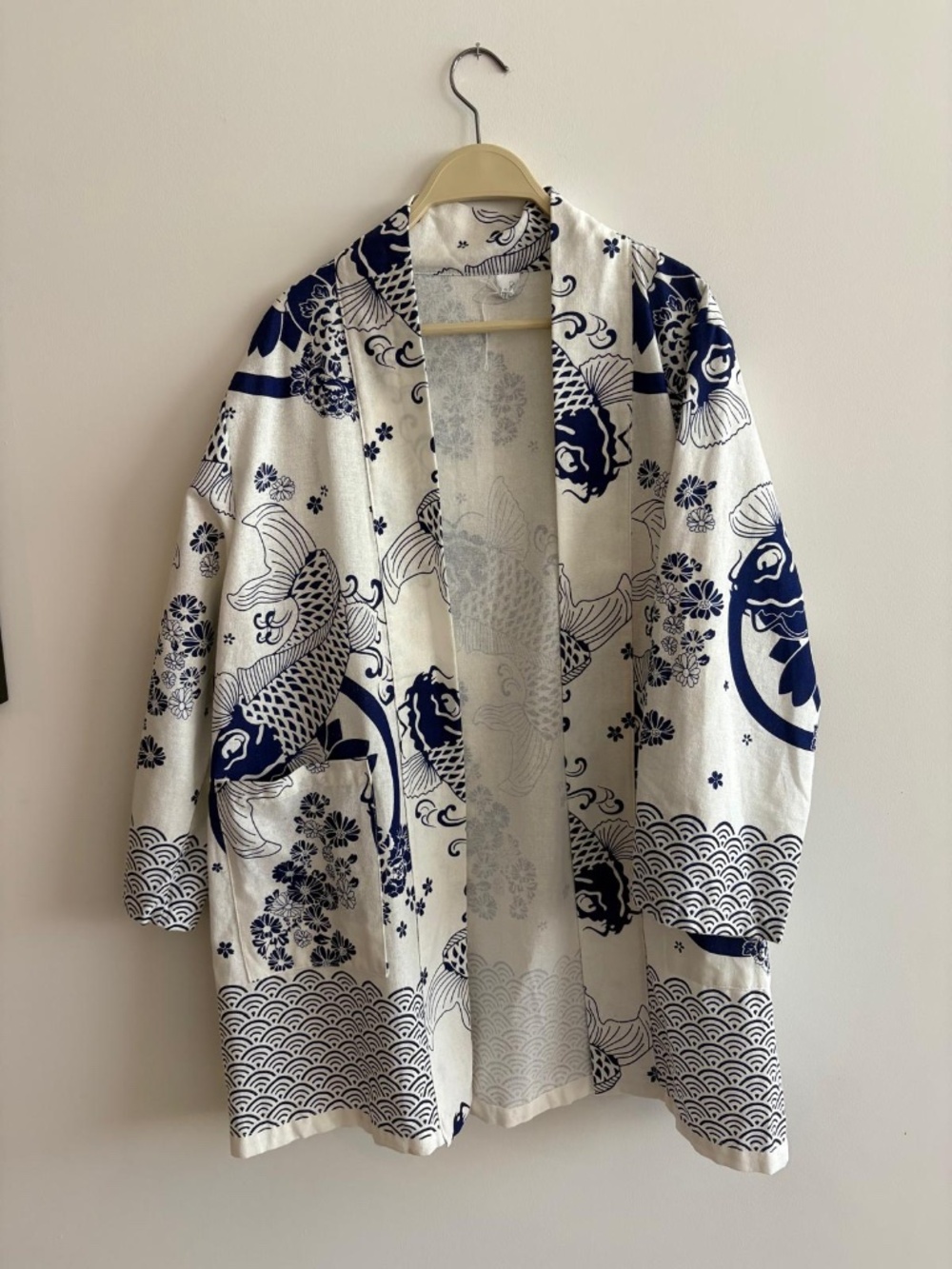 Japanese Koi Fish Kimono Cardigan | White & Navy Open Front Duster | Boho Coasta